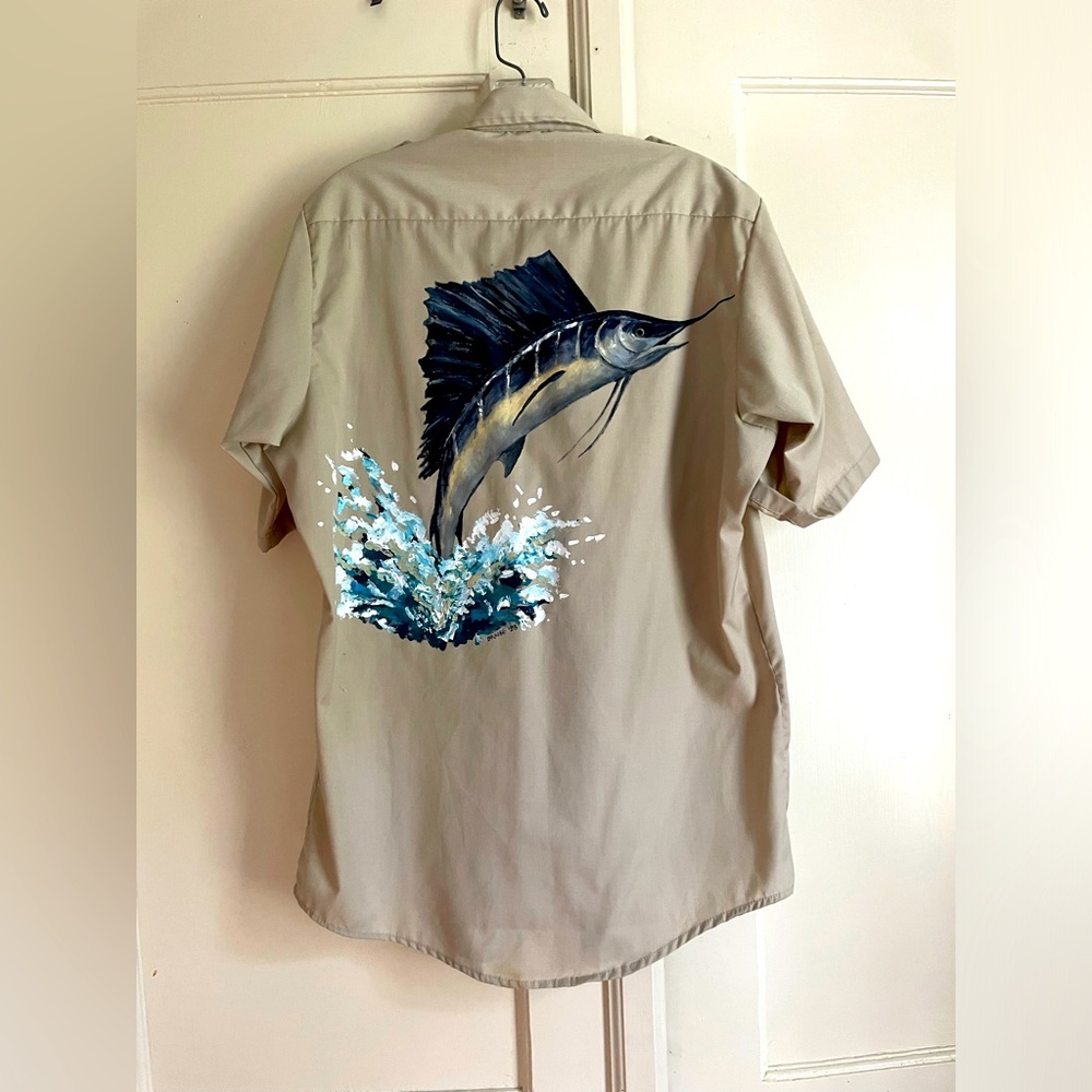 1980’s Fish Shirt Hand Painted Fish Button Down Khaki Shirt Vintage Fishing